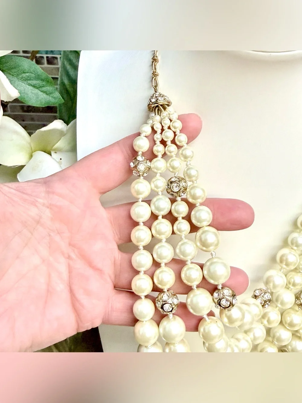 Beautiful glass pearl and pave crystal rondelle necklace